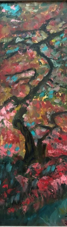 Hoda Awad, "Red Tree", ​Oil on wood, 21" x 9"​